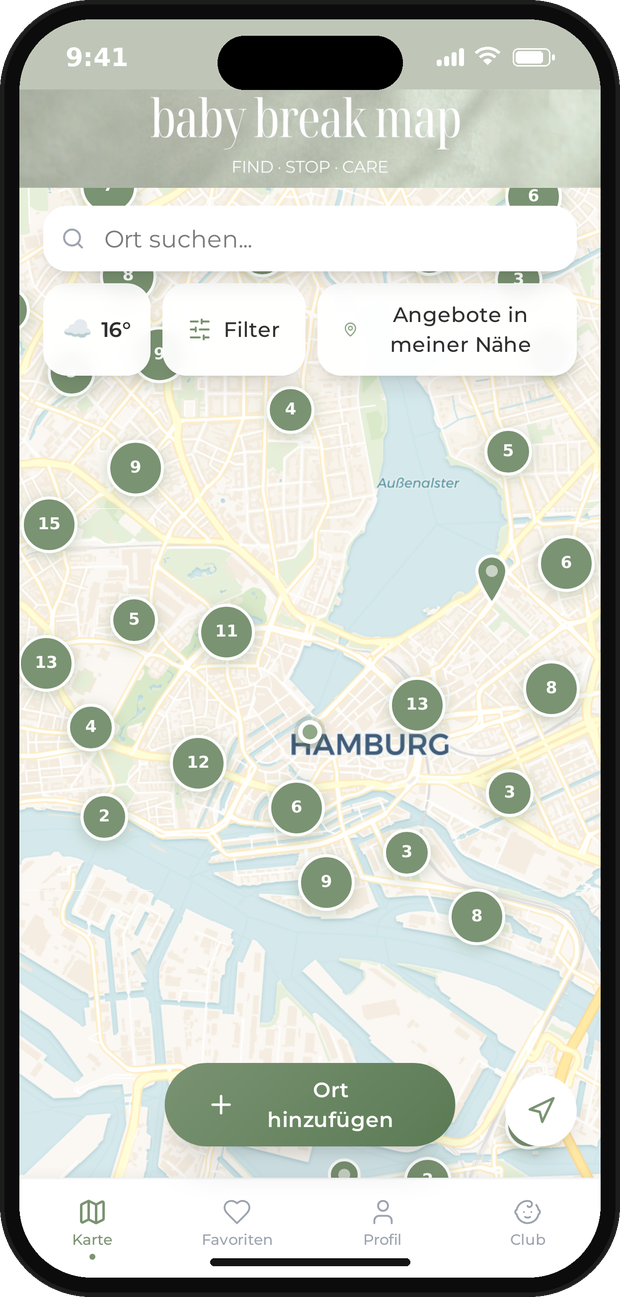 Screenshot der babybreakmap App mit Orten auf der Karte